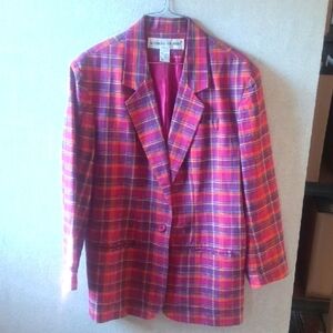 Adolfo Studio Vintage Women's Pink Plaid Blazer (Linen Blend)